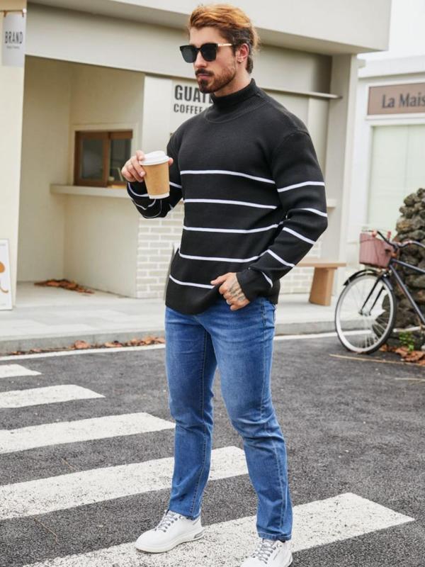 Men's Colorblock Striped Print Ribbed Sweater, Regular Fit Casual Long Sleeve High Neck Jumper for Fall & Winter, Fashion Men's Knitwear for Daily Wear