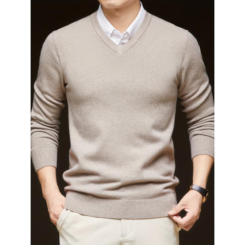 1pc Men'S Casual V-Neck Wool Blend Sweater - 400g Thickened Solid Color Knit Pullover for Autumn Winter, Regular Fit Long Sleeve Top with No Belt Detail