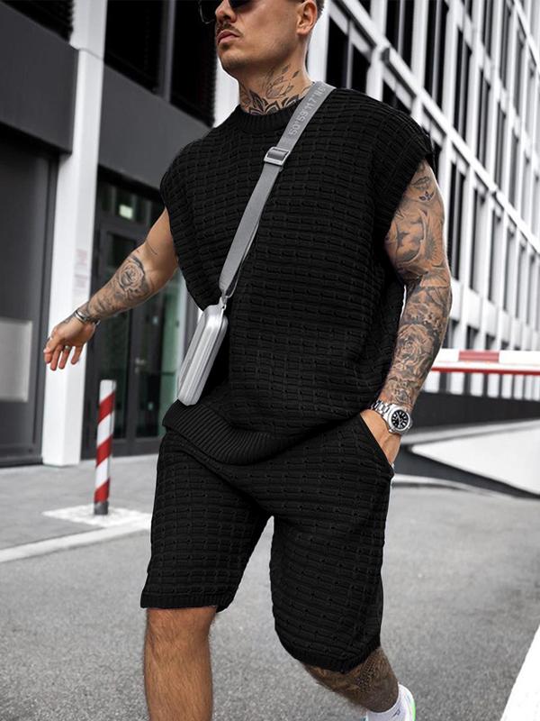 Men's Summer Clothes, Regular Fit Streetwear Textured Cap Sleeve Top & Pocket Shorts Set, Men's All-season Style Fashion Versatility Relaxed Knitted Short-sleeved Shorts Two-piece Set