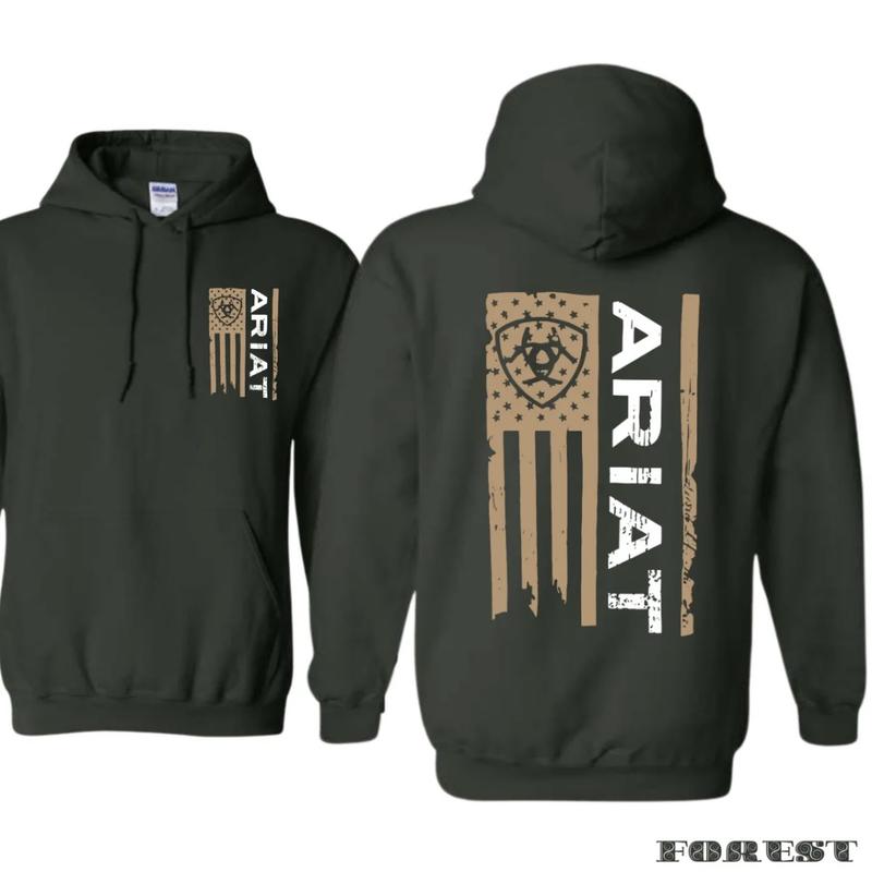 Ariat Unisex Hoodie - Ariat Hoodie With American Flag Design And Unique Ariat Logo, Embodying A Bold Style, Comfortable Black Unisex Hoodie