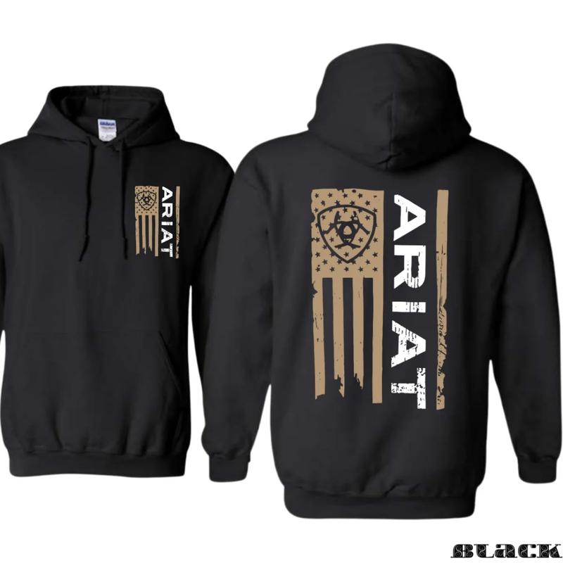 Ariat Unisex Hoodie - Ariat Hoodie With American Flag Design And Unique Ariat Logo, Embodying A Bold Style, Comfortable Black Unisex Hoodie