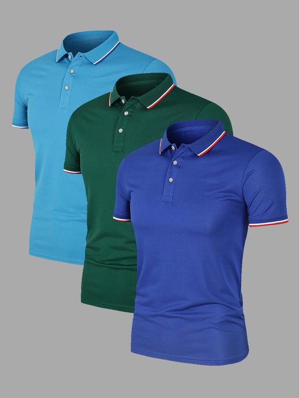 Men's Solid Color Stripes Trim Polo Shirt, Regular Fit Casual Short Sleeve Button Front Top for Summer, Fashion Men's Clothes for Outdoor Wear