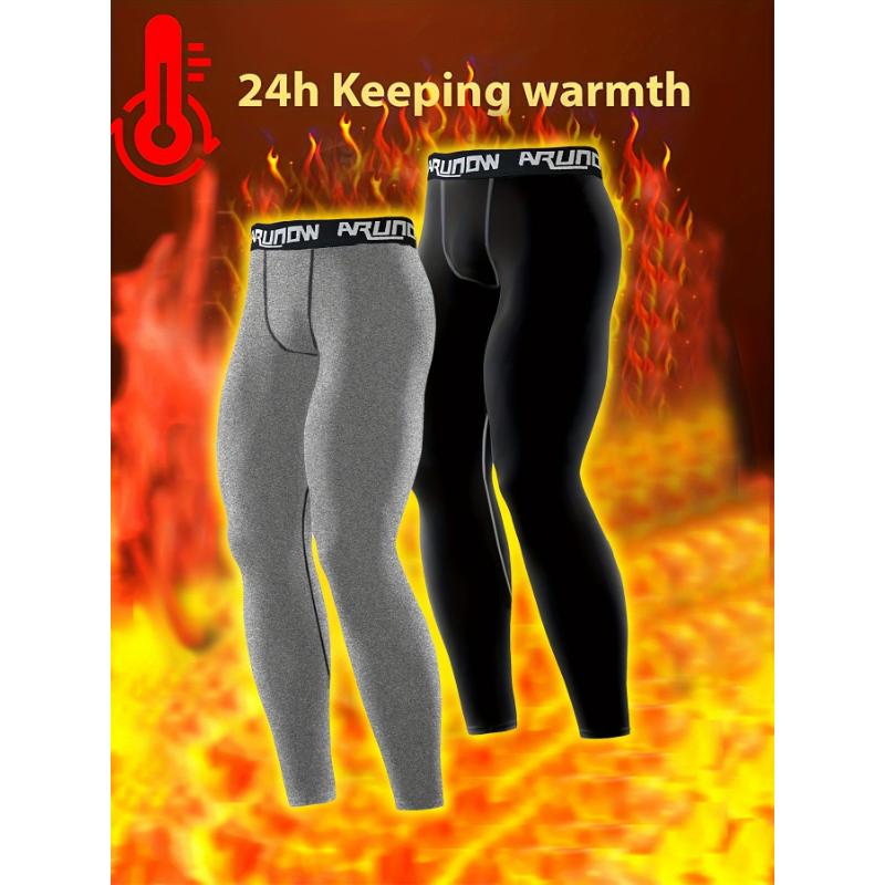 2-Pack ARUNOW Men'S Thermal Fleece-Lined Leggings, High Waist Elastic Band, Skinny Fit, Knit Fabric, Embroidery, Solid Color, Sports Style, Casual for Mature, Polyester, Warm Pants for Fall Winter