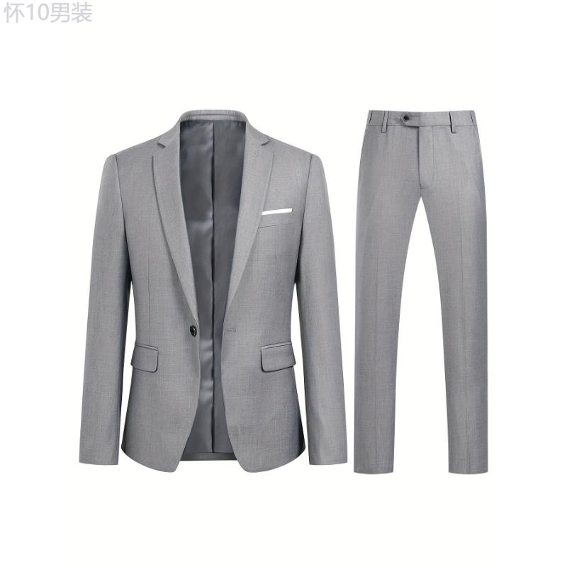 Formal 2 Pieces Set, Men's One Button Suit Jacket & Dress Pants Suit Set For Business Dinner Wedding Party Menswear Collar