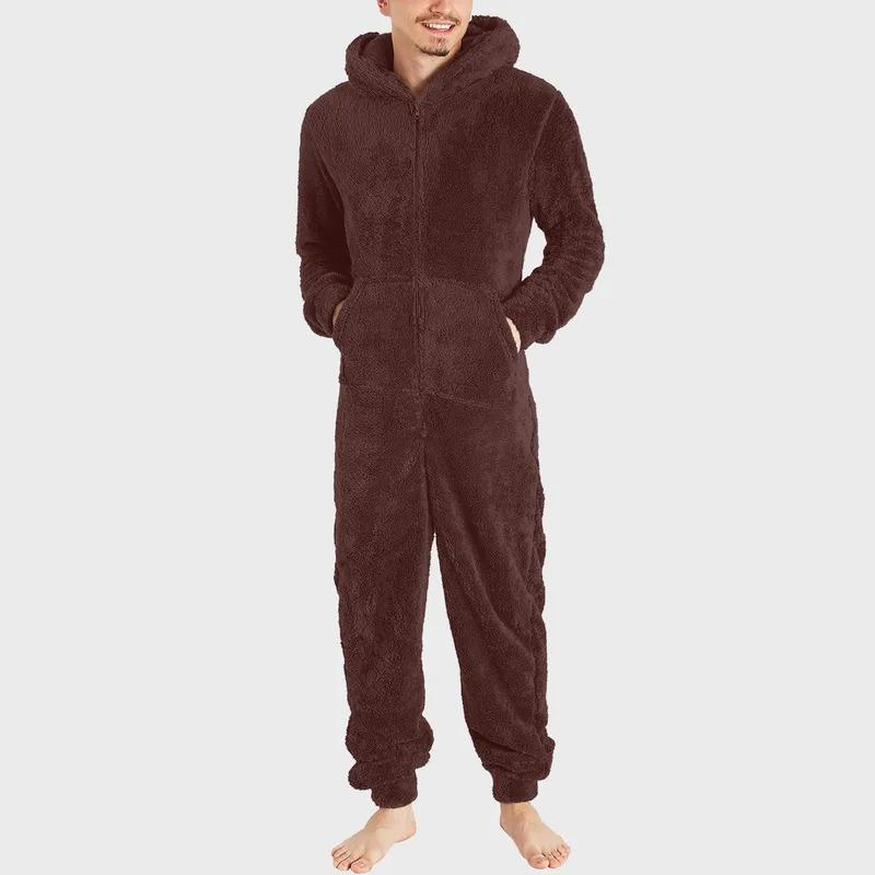 Men Jumpsuit Long Sleeve Pajama Solid Zipper Hooded Jumpsuit Casual Winter Warm Sleepwear Comfortable Male Home Clothing