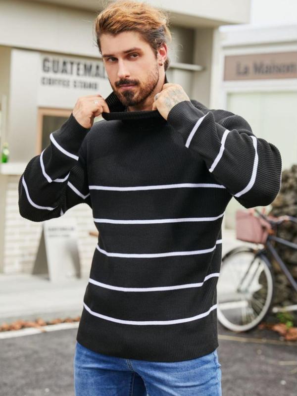 Men's Colorblock Striped Print Ribbed Sweater, Regular Fit Casual Long Sleeve High Neck Jumper for Fall & Winter, Fashion Men's Knitwear for Daily Wear