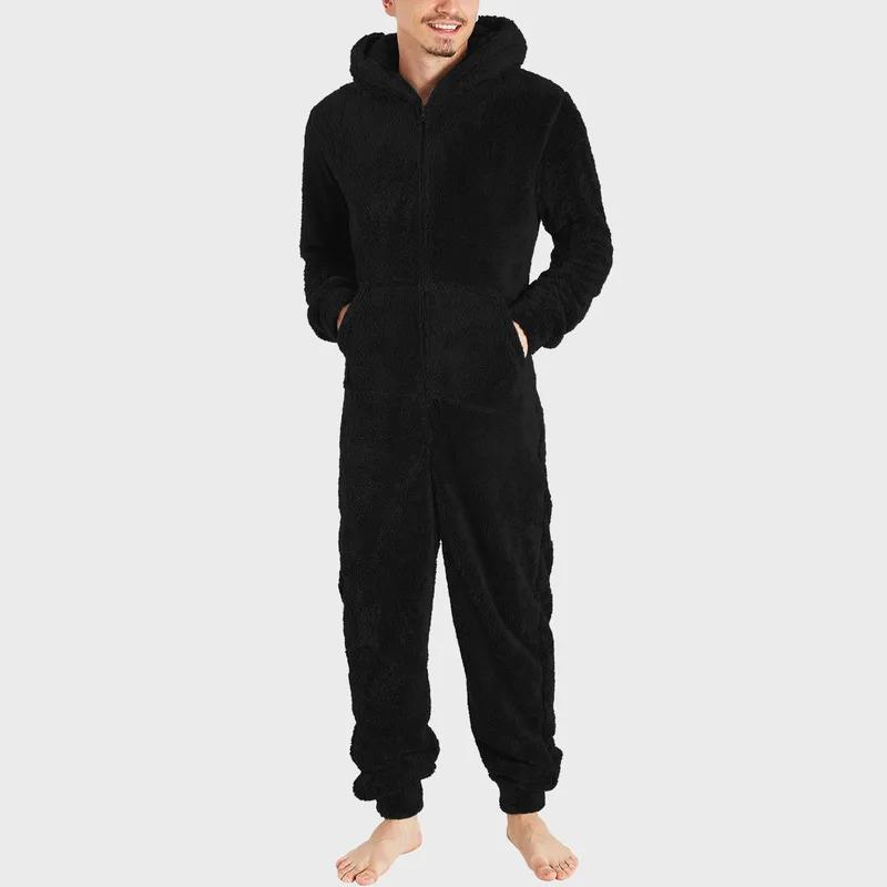 Men Jumpsuit Long Sleeve Pajama Solid Zipper Hooded Jumpsuit Casual Winter Warm Sleepwear Comfortable Male Home Clothing