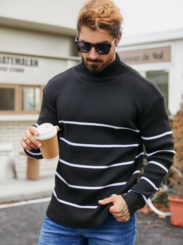 Men's Colorblock Striped Print Ribbed Sweater, Regular Fit Casual Long Sleeve High Neck Jumper for Fall & Winter, Fashion Men's Knitwear for Daily Wear