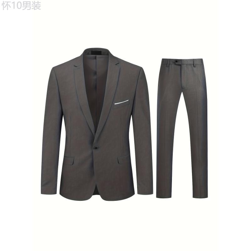 Formal 2 Pieces Set, Men's One Button Suit Jacket & Dress Pants Suit Set For Business Dinner Wedding Party Menswear Collar