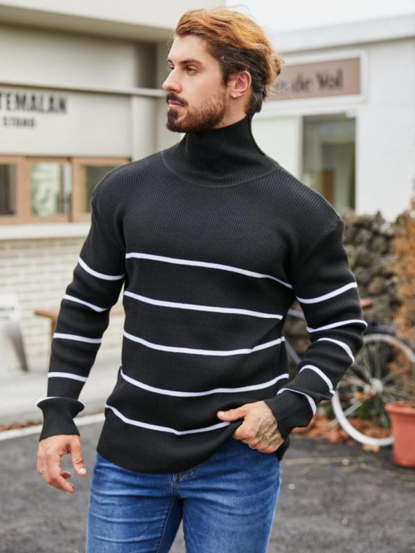 Men's Colorblock Striped Print Ribbed Sweater, Regular Fit Casual Long Sleeve High Neck Jumper for Fall & Winter, Fashion Men's Knitwear for Daily Wear