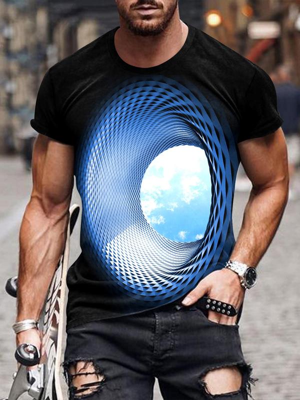 Men's 3D Tunnel & Sky Print Round Neck Tee, Regular Fit Fashion Casual Crew Neck Short Sleeve T-Shirt for Summer, Streetwear, Graphic Tees, T Shirts for Men, Men's Fashion Top for Daily Wear Starboy Outfit Men