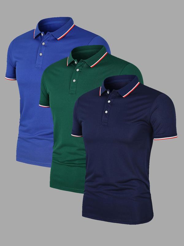 Men's Solid Color Stripes Trim Polo Shirt, Regular Fit Casual Short Sleeve Button Front Top for Summer, Fashion Men's Clothes for Outdoor Wear