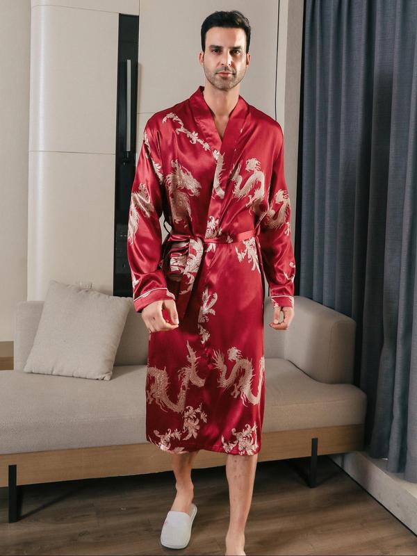 Men's All Over Dragon Print Belted Robe, Casual Long Sleeve Dressing Gown, Men's Sleepwear for Spring & Fall