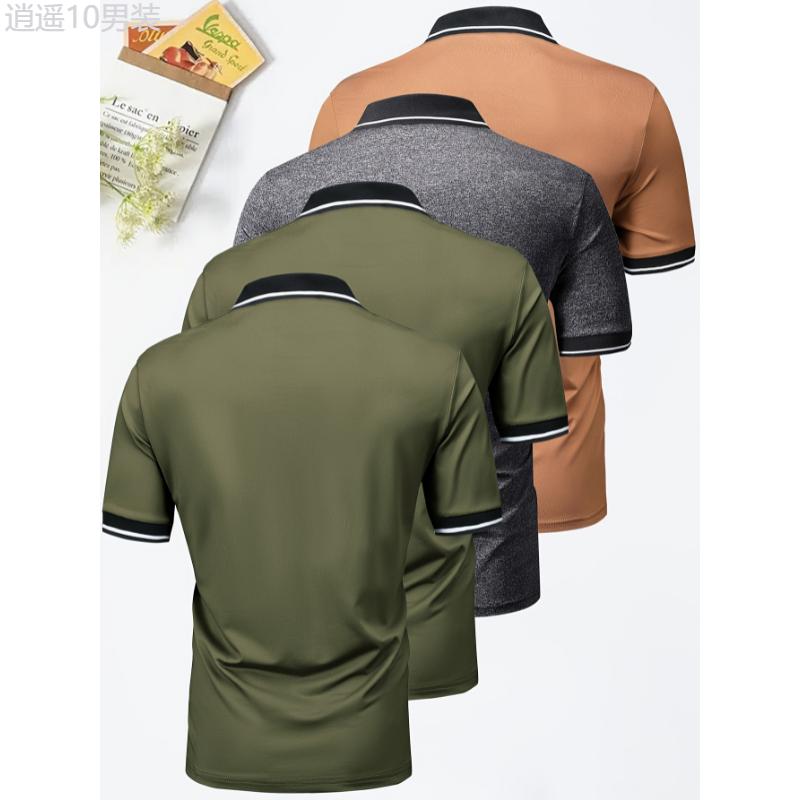 4Pcs Breathable Golf Shirt, Men's Regular Fit V-Neck Short Sleeve Casual T-Shirt Tops For Summer Fabric Menswear