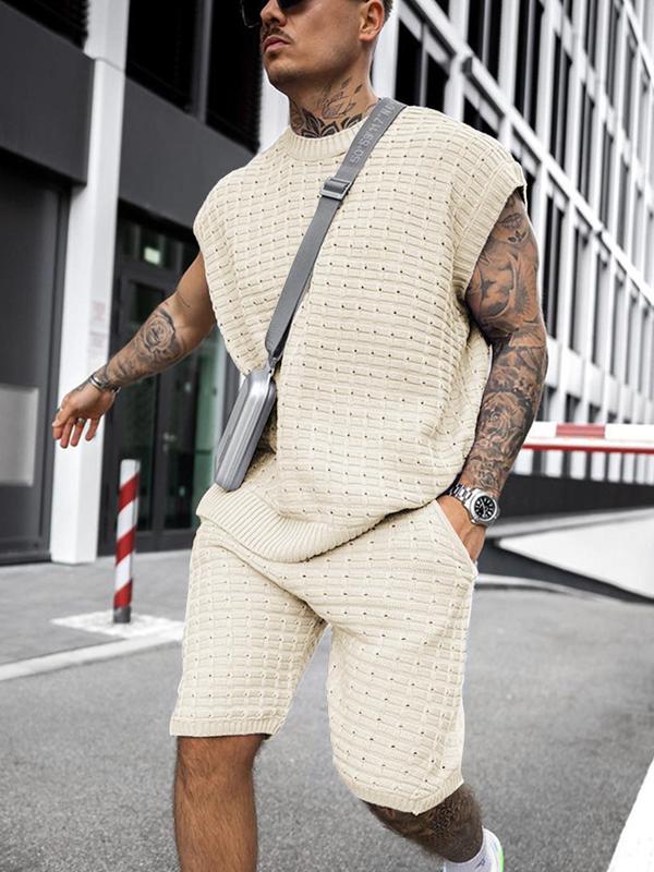 Men's Summer Clothes, Regular Fit Streetwear Textured Cap Sleeve Top & Pocket Shorts Set, Men's All-season Style Fashion Versatility Relaxed Knitted Short-sleeved Shorts Two-piece Set