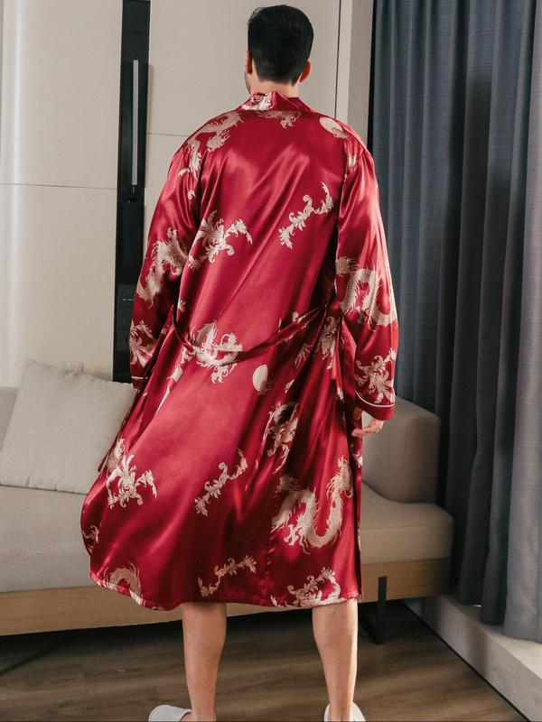 Men's All Over Dragon Print Belted Robe, Casual Long Sleeve Dressing Gown, Men's Sleepwear for Spring & Fall