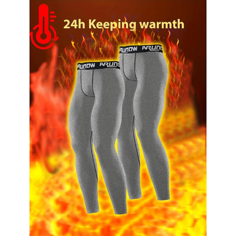 2-Pack ARUNOW Men'S Thermal Fleece-Lined Leggings, High Waist Elastic Band, Skinny Fit, Knit Fabric, Embroidery, Solid Color, Sports Style, Casual for Mature, Polyester, Warm Pants for Fall Winter