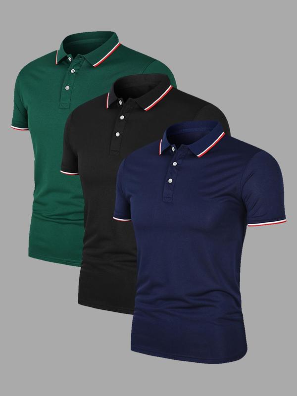 Men's Solid Color Stripes Trim Polo Shirt, Regular Fit Casual Short Sleeve Button Front Top for Summer, Fashion Men's Clothes for Outdoor Wear