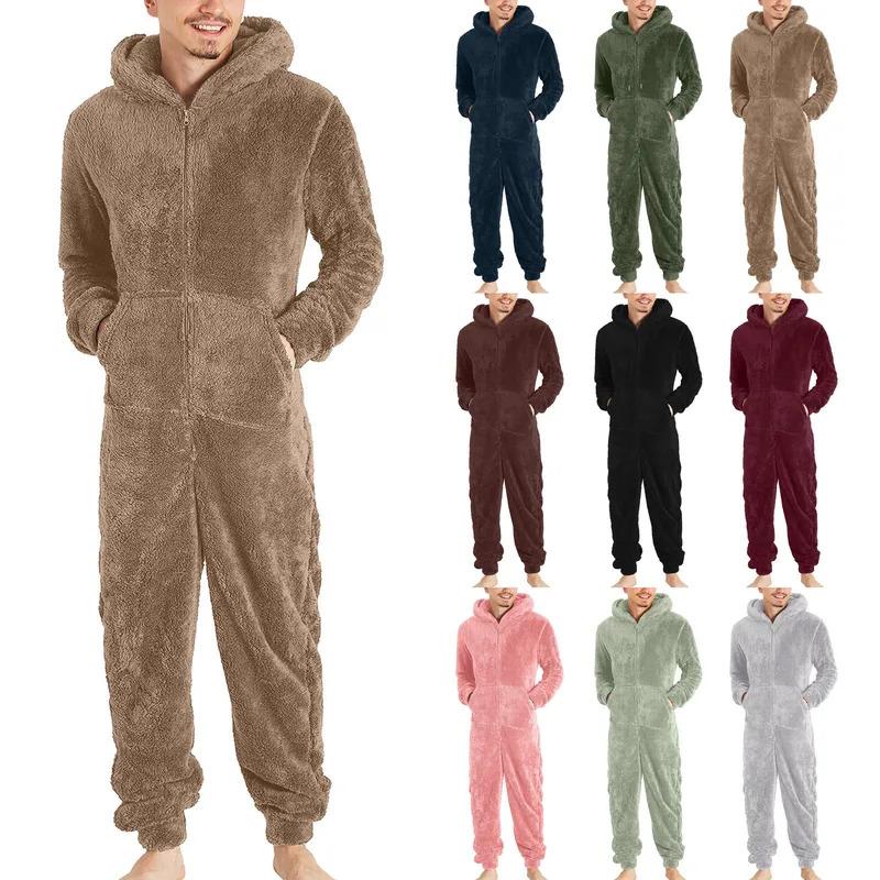 Men Jumpsuit Long Sleeve Pajama Solid Zipper Hooded Jumpsuit Casual Winter Warm Sleepwear Comfortable Male Home Clothing