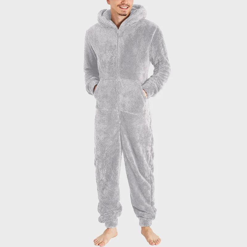 Men Jumpsuit Long Sleeve Pajama Solid Zipper Hooded Jumpsuit Casual Winter Warm Sleepwear Comfortable Male Home Clothing