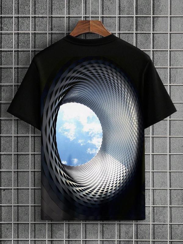 Men's 3D Tunnel & Sky Print Round Neck Tee, Regular Fit Fashion Casual Crew Neck Short Sleeve T-Shirt for Summer, Streetwear, Graphic Tees, T Shirts for Men, Men's Fashion Top for Daily Wear Starboy Outfit Men