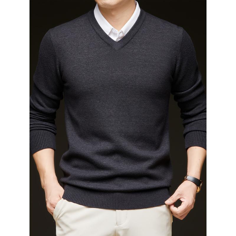 1pc Men'S Casual V-Neck Wool Blend Sweater - 400g Thickened Solid Color Knit Pullover for Autumn Winter, Regular Fit Long Sleeve Top with No Belt Detail