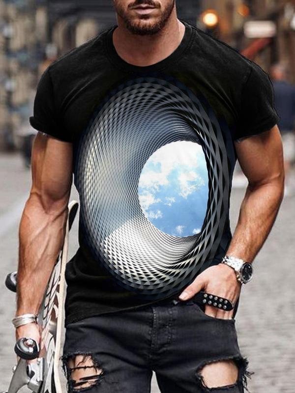 Men's 3D Tunnel & Sky Print Round Neck Tee, Regular Fit Fashion Casual Crew Neck Short Sleeve T-Shirt for Summer, Streetwear, Graphic Tees, T Shirts for Men, Men's Fashion Top for Daily Wear Starboy Outfit Men