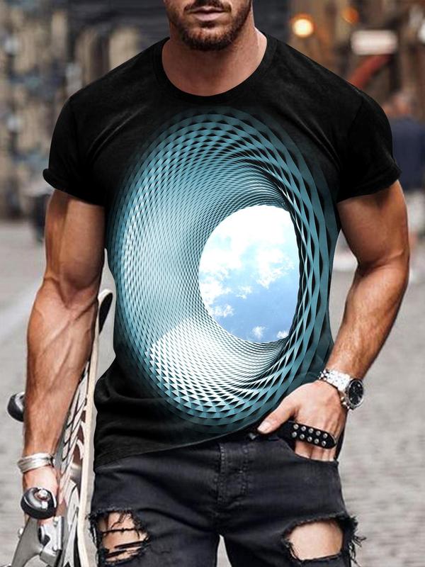 Men's 3D Tunnel & Sky Print Round Neck Tee, Regular Fit Fashion Casual Crew Neck Short Sleeve T-Shirt for Summer, Streetwear, Graphic Tees, T Shirts for Men, Men's Fashion Top for Daily Wear Starboy Outfit Men