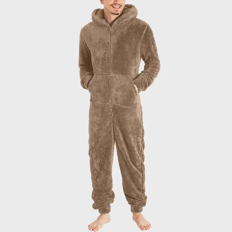 Men Jumpsuit Long Sleeve Pajama Solid Zipper Hooded Jumpsuit Casual Winter Warm Sleepwear Comfortable Male Home Clothing