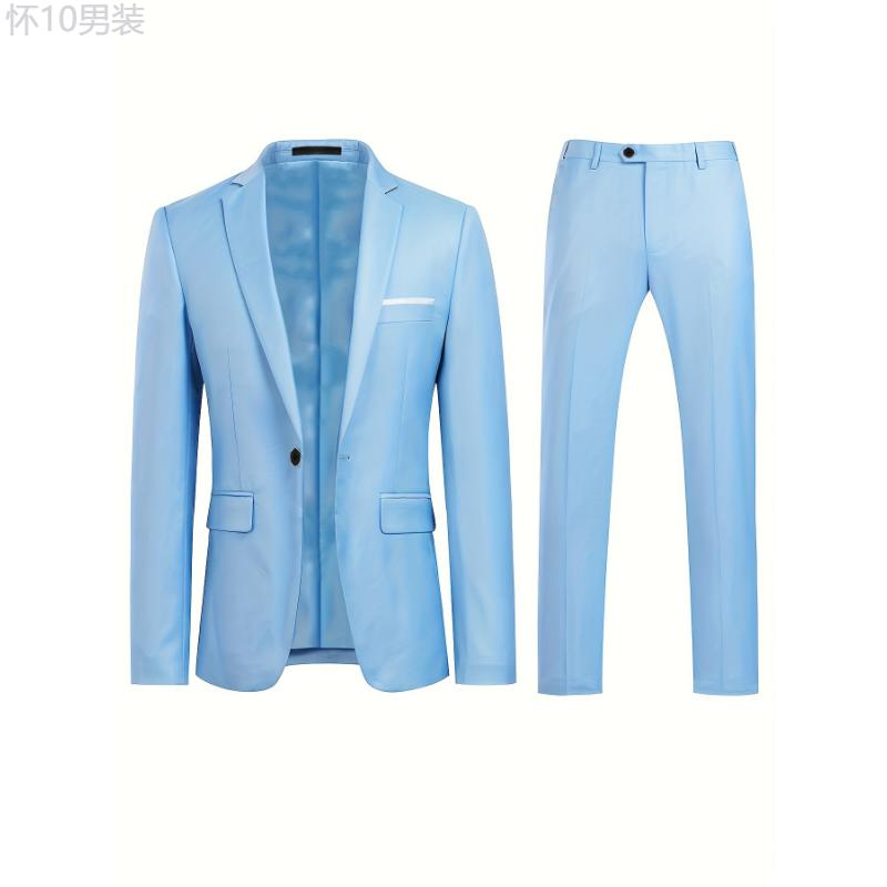 Formal 2 Pieces Set, Men's One Button Suit Jacket & Dress Pants Suit Set For Business Dinner Wedding Party Menswear Collar