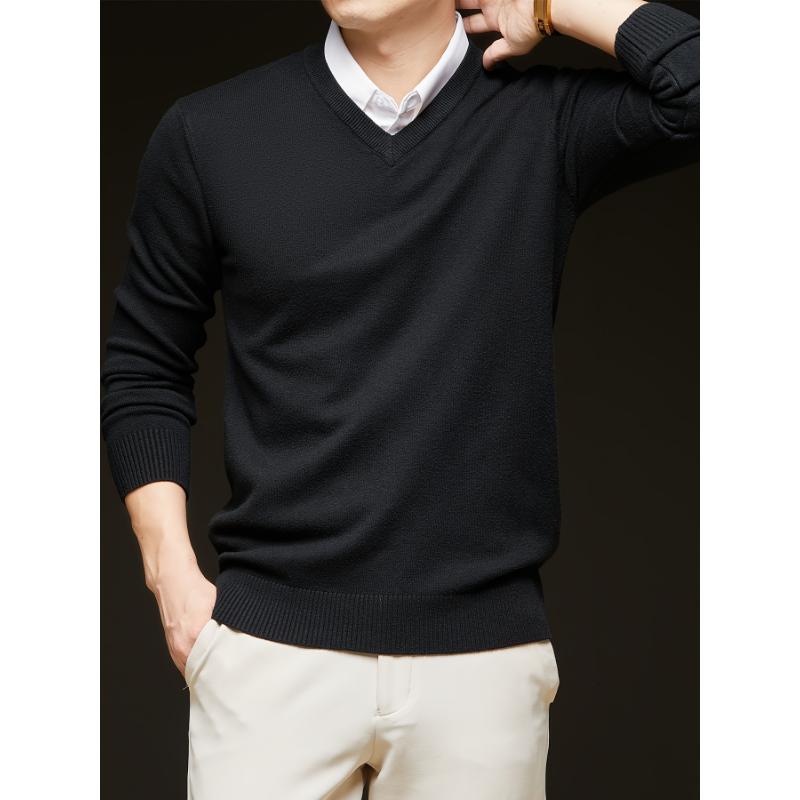 1pc Men'S Casual V-Neck Wool Blend Sweater - 400g Thickened Solid Color Knit Pullover for Autumn Winter, Regular Fit Long Sleeve Top with No Belt Detail