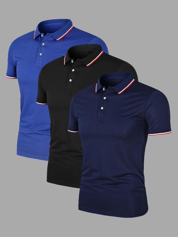 Men's Solid Color Stripes Trim Polo Shirt, Regular Fit Casual Short Sleeve Button Front Top for Summer, Fashion Men's Clothes for Outdoor Wear