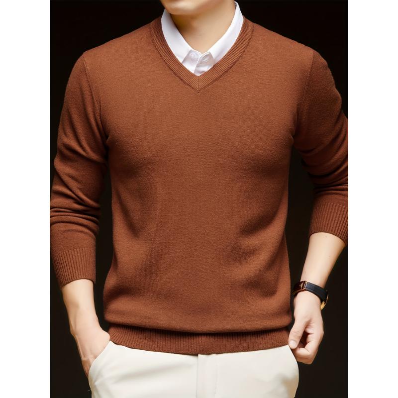 1pc Men'S Casual V-Neck Wool Blend Sweater - 400g Thickened Solid Color Knit Pullover for Autumn Winter, Regular Fit Long Sleeve Top with No Belt Detail