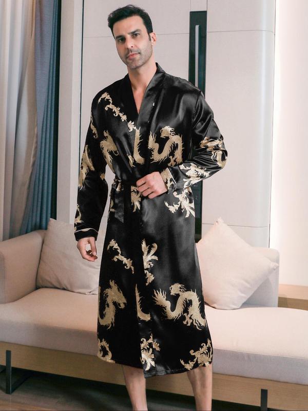 Men's All Over Dragon Print Belted Robe, Casual Long Sleeve Dressing Gown, Men's Sleepwear for Spring & Fall