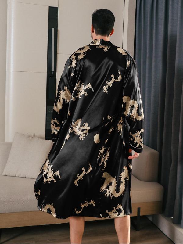 Men's All Over Dragon Print Belted Robe, Casual Long Sleeve Dressing Gown, Men's Sleepwear for Spring & Fall