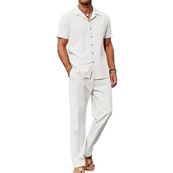 COOFANDY New York Fashion Week Men 2 Piece Linen Outfit Beach Button Down Shirt Casual Loose Pant Overalls Sets Cotton Fabric Menswear Shortsleeve Tropical Birthday Breathable Classic Collar Elastic Matching Relaxed Fit Suits Stylish Soft