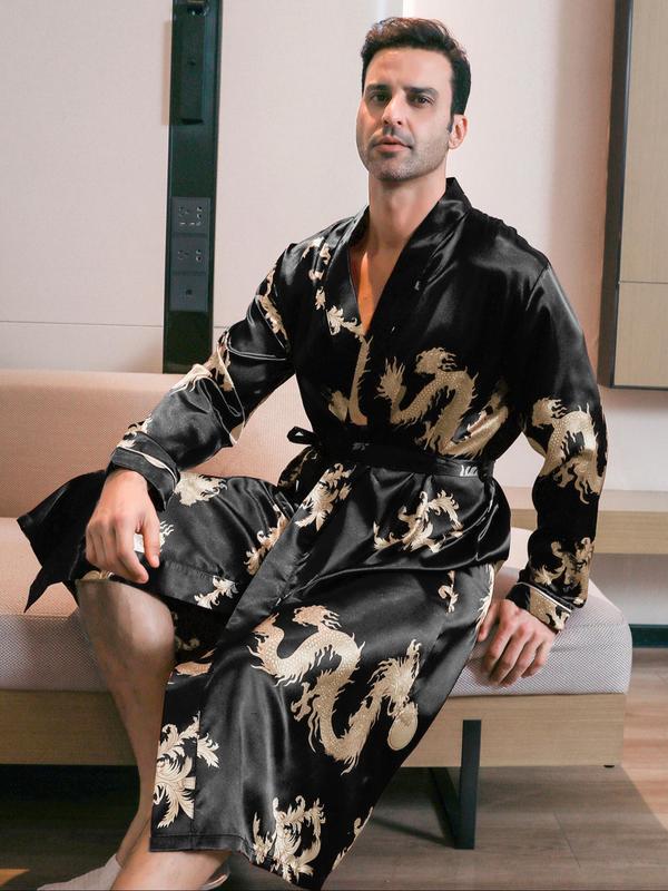 Men's All Over Dragon Print Belted Robe, Casual Long Sleeve Dressing Gown, Men's Sleepwear for Spring & Fall