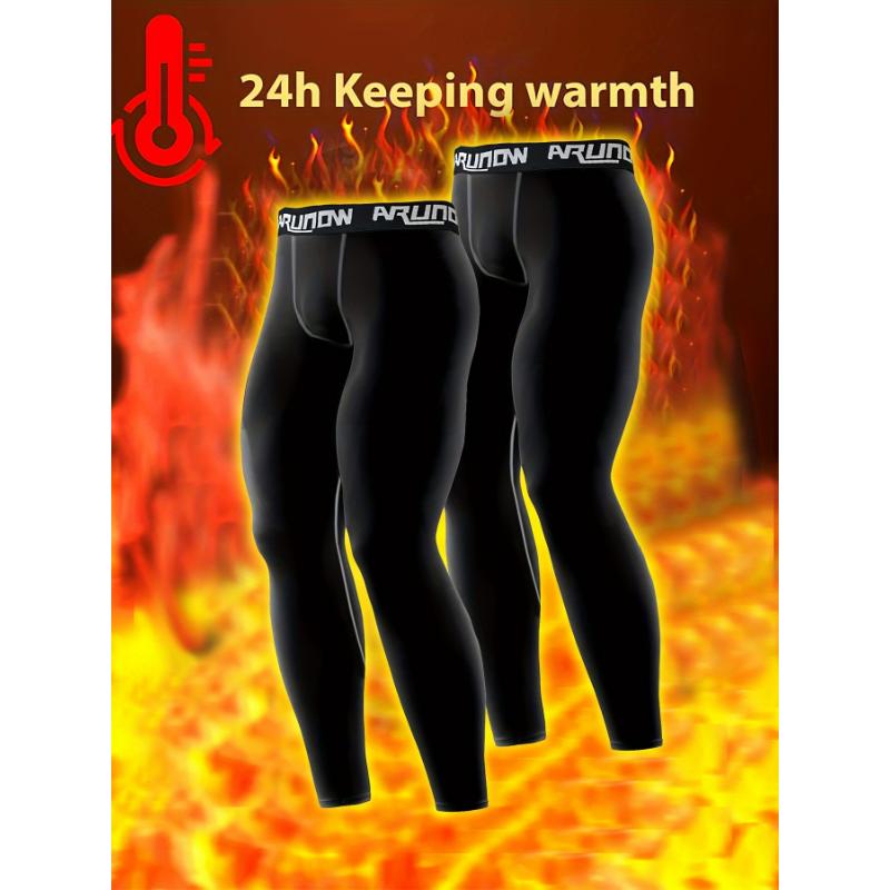 2-Pack ARUNOW Men'S Thermal Fleece-Lined Leggings, High Waist Elastic Band, Skinny Fit, Knit Fabric, Embroidery, Solid Color, Sports Style, Casual for Mature, Polyester, Warm Pants for Fall Winter