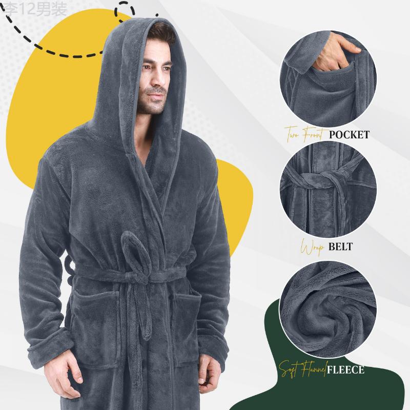 NY Threads Men Fleece Hooded Bathrobe Long Sleeve For Home Wear, Plush Long Lace Up Spa Robe Fabric Menswear