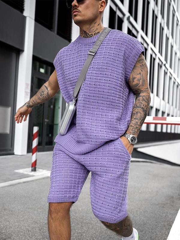 Men's Summer Clothes, Regular Fit Streetwear Textured Cap Sleeve Top & Pocket Shorts Set, Men's All-season Style Fashion Versatility Relaxed Knitted Short-sleeved Shorts Two-piece Set