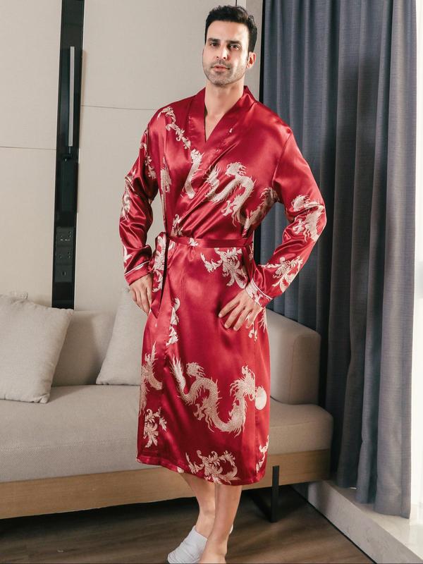 Men's All Over Dragon Print Belted Robe, Casual Long Sleeve Dressing Gown, Men's Sleepwear for Spring & Fall