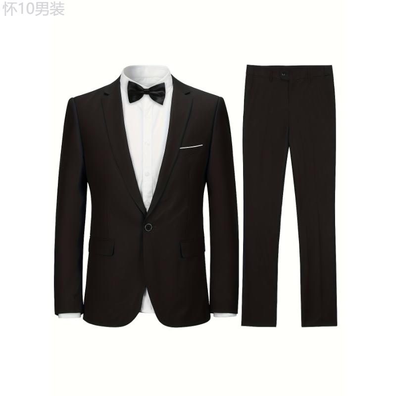 Formal 2 Pieces Set, Men's One Button Suit Jacket & Dress Pants Suit Set For Business Dinner Wedding Party Menswear Collar