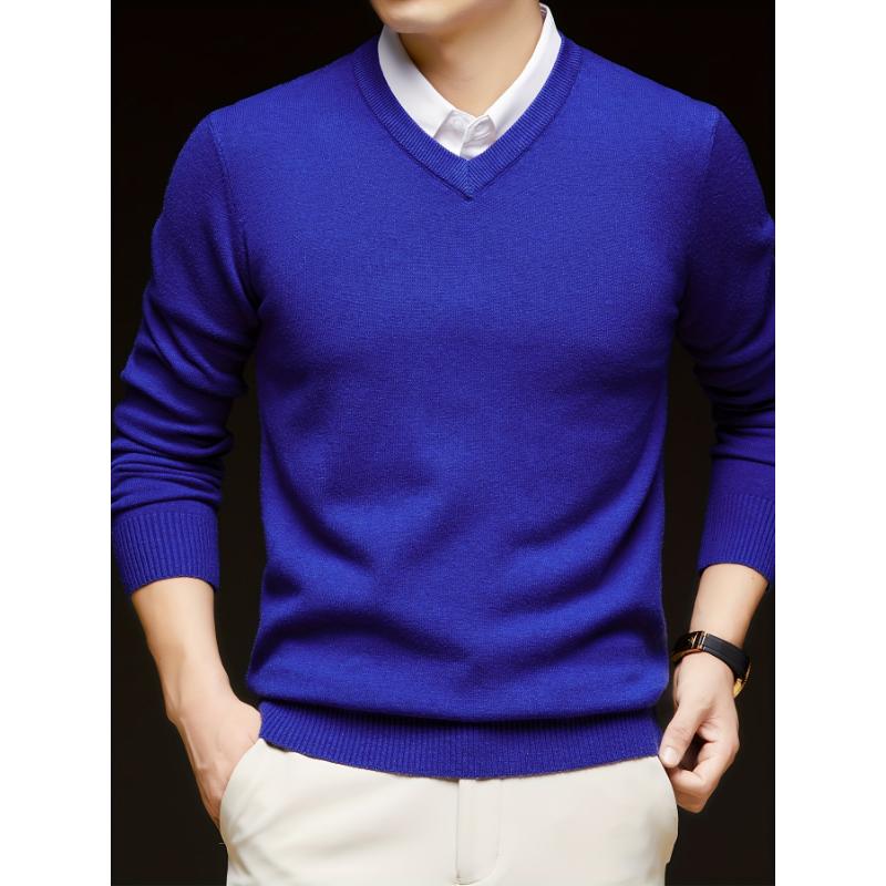 1pc Men'S Casual V-Neck Wool Blend Sweater - 400g Thickened Solid Color Knit Pullover for Autumn Winter, Regular Fit Long Sleeve Top with No Belt Detail