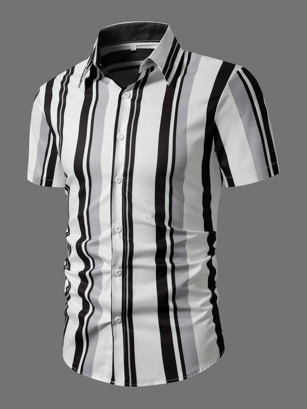 Men's Regular Fit Striped Print Button Front Shirt, Casual Short Sleeve Collared Top for Summer, Menswear for Daily Wear