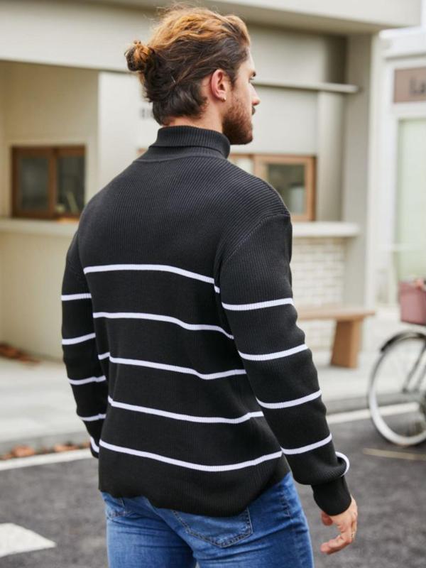 Men's Colorblock Striped Print Ribbed Sweater, Regular Fit Casual Long Sleeve High Neck Jumper for Fall & Winter, Fashion Men's Knitwear for Daily Wear