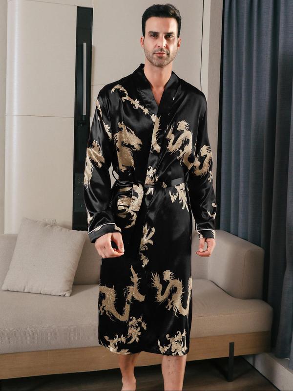 Men's All Over Dragon Print Belted Robe, Casual Long Sleeve Dressing Gown, Men's Sleepwear for Spring & Fall