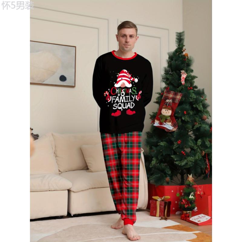 2 Pcs Comfortable Men's Christmas Letter Print Pajama Set, Round Neck Long Sleeve & Plaid Trousers, Skin-friendly Style Cozy Loungewear Fabric Menswear Nightwear Collar Stretch Homewear Pjs Pyjamas Sweat Crewneck