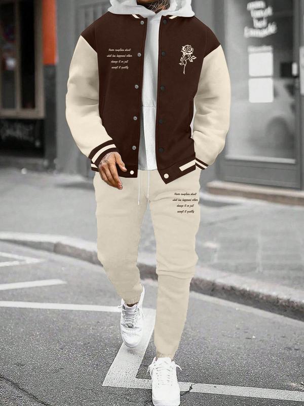 Men's Floral & Letter Print Baseball Collar Jacket & Drawstring Waist Sweatpants Two-piece Set, Regular Fit Casual Button Front Drop Shoulder Outerwear & Pocket Jogger Pants for Daily Wear, Men's Two-piece Outfits for Fall & Winter