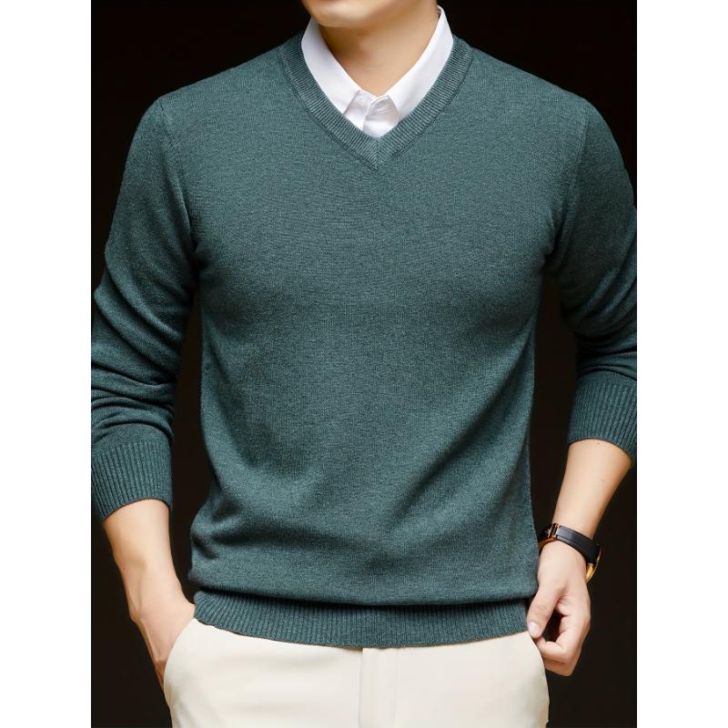 1pc Men'S Casual V-Neck Wool Blend Sweater - 400g Thickened Solid Color Knit Pullover for Autumn Winter, Regular Fit Long Sleeve Top with No Belt Detail