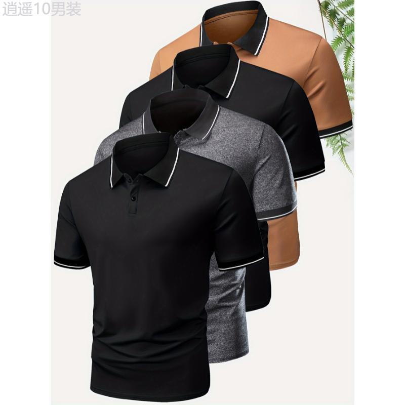 4Pcs Breathable Golf Shirt, Men's Regular Fit V-Neck Short Sleeve Casual T-Shirt Tops For Summer Fabric Menswear